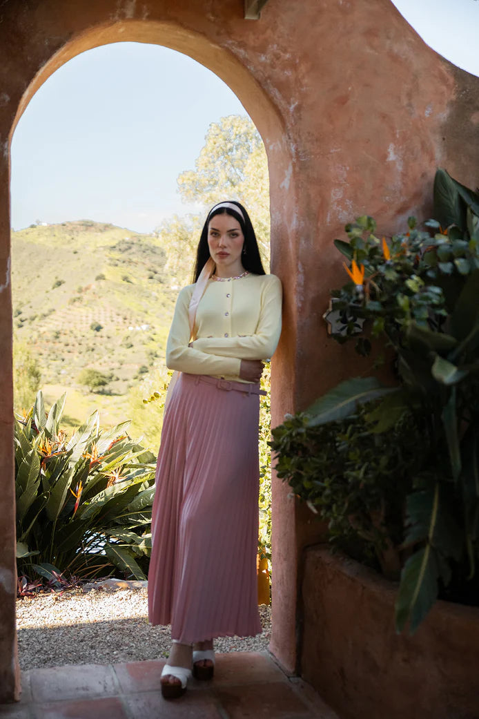 NOI-CH302 PINK PLEATED BELT SKIRT