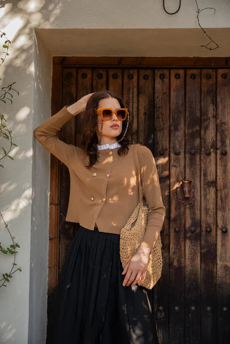 NOI-CH312 TAN DOUBLE BREASTED CARDIGAN