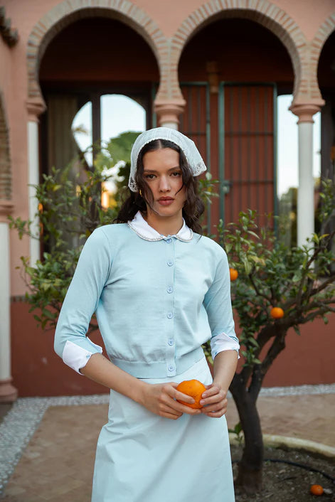 NOI-CH318 LIGHT BLUE PEARL TRIM COLLAR TOP