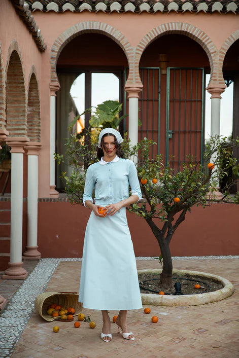 NOI-CH318 LIGHT BLUE PEARL TRIM COLLAR TOP