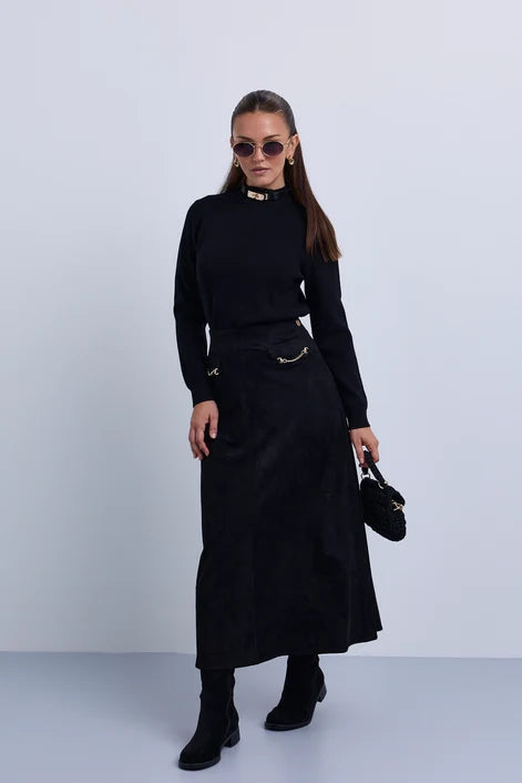NOI-CH350 BROWN LEATHER NECK BELTED TOP