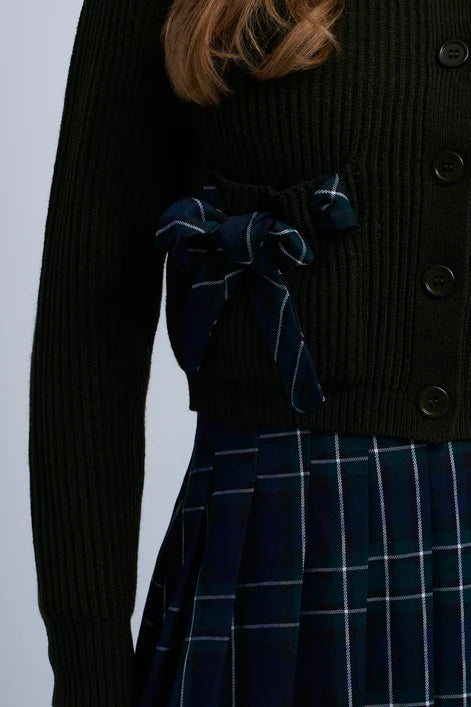 NOI-CH369 GREEN&PLAID RIBBON BOW CARDIGAN