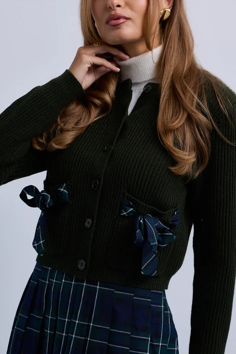 NOI-CH369 PINK&BURGUNDY RIBBON BOW CARDIGAN