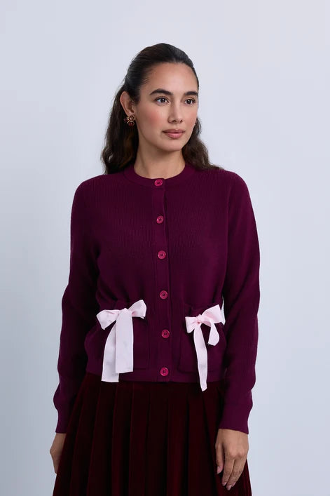 NOI-CH369 PINK&BURGUNDY RIBBON BOW CARDIGAN