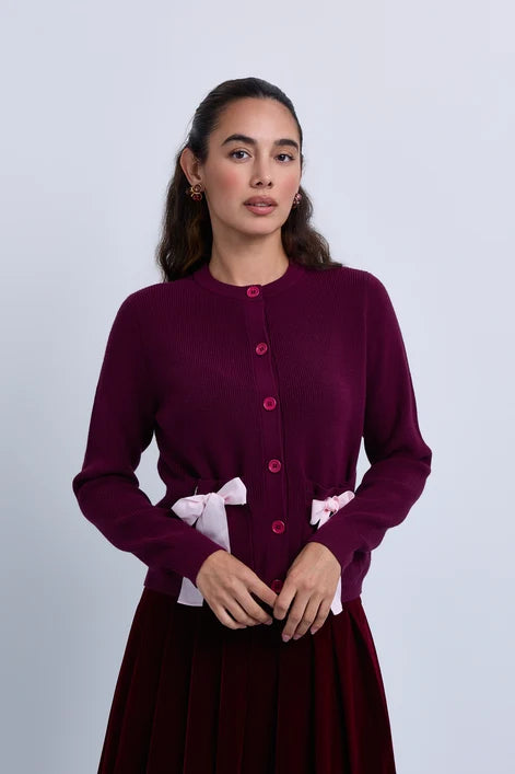 NOI-CH369 GREEN&PLAID RIBBON BOW CARDIGAN