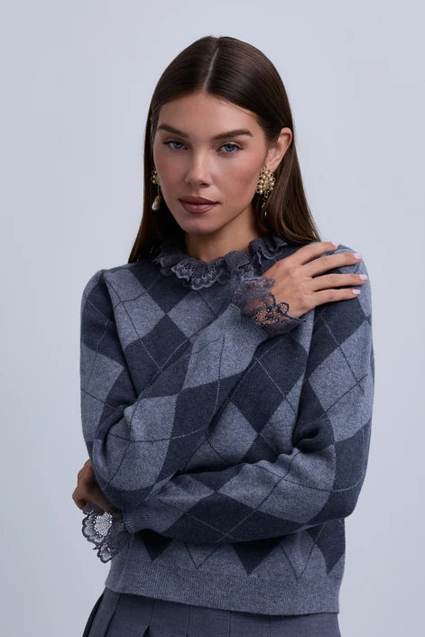 NOI-CH372 BURGUNDY&RED ARGYLE LACE TOP