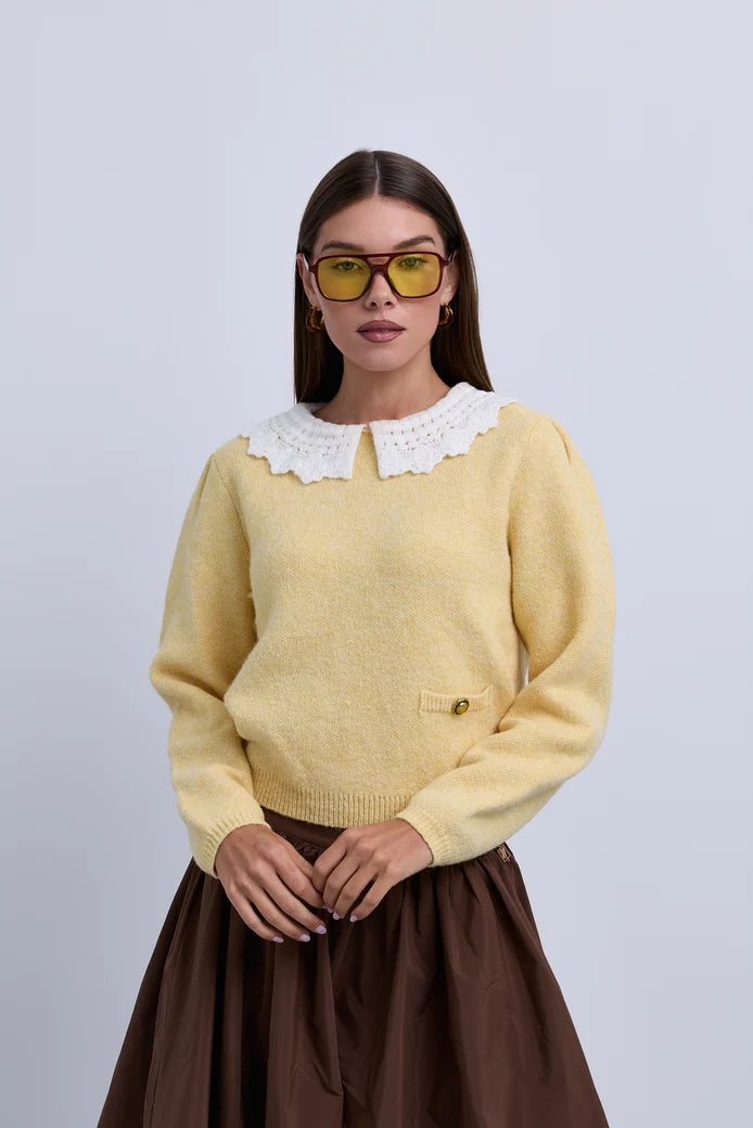 NOI-CH398 YELLOW CROCHET COLLAR POCKET TOP
