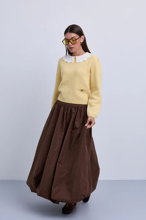 NOI-CH398 YELLOW CROCHET COLLAR POCKET TOP