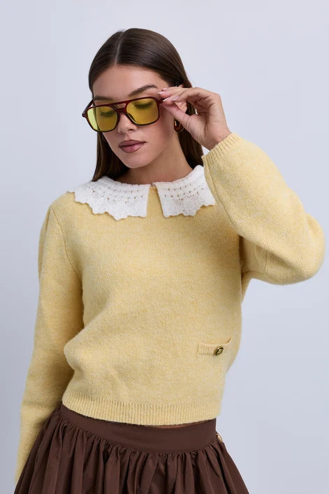 NOI-CH398 YELLOW CROCHET COLLAR POCKET TOP