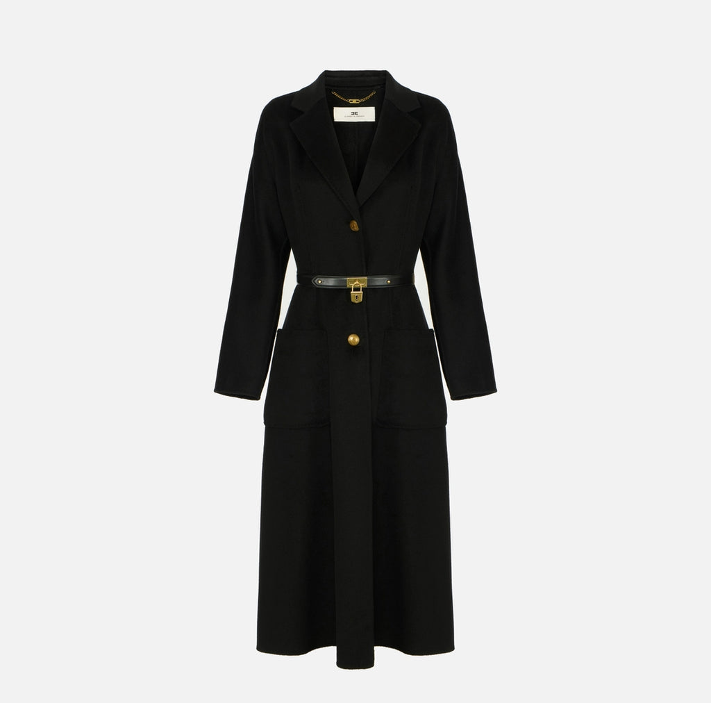 ELS-CP03D67 BLACK DOUBLE CLOTH BELT COAT