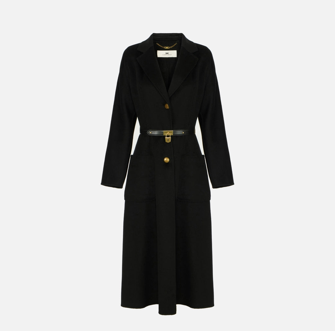 ELS-CP03D67 BLACK DOUBLE CLOTH BELT COAT