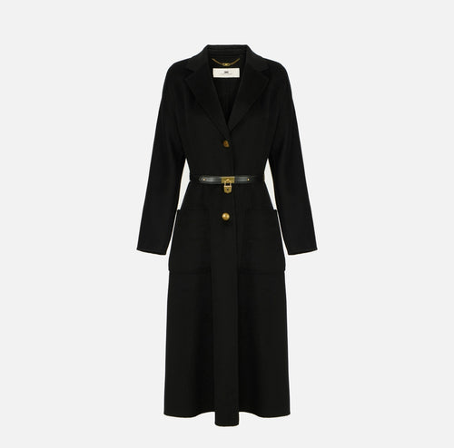 ELS-CP03D67 BLACK DOUBLE CLOTH BELT COAT