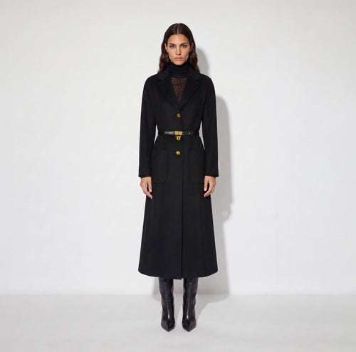 ELS-CP03D67 BLACK DOUBLE CLOTH BELT COAT
