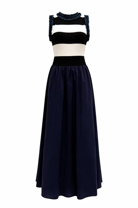 NOI-CH313 BLACK&WHITE DENIM FRINGE DRESS