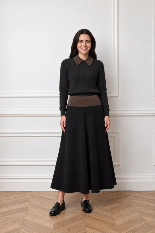 PAR-SK578 BLACK MIXED MEDIA CORDUROY SKIRT