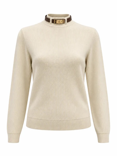NOI-CH350 CREAM LEATHER NECK BELTED TOP
