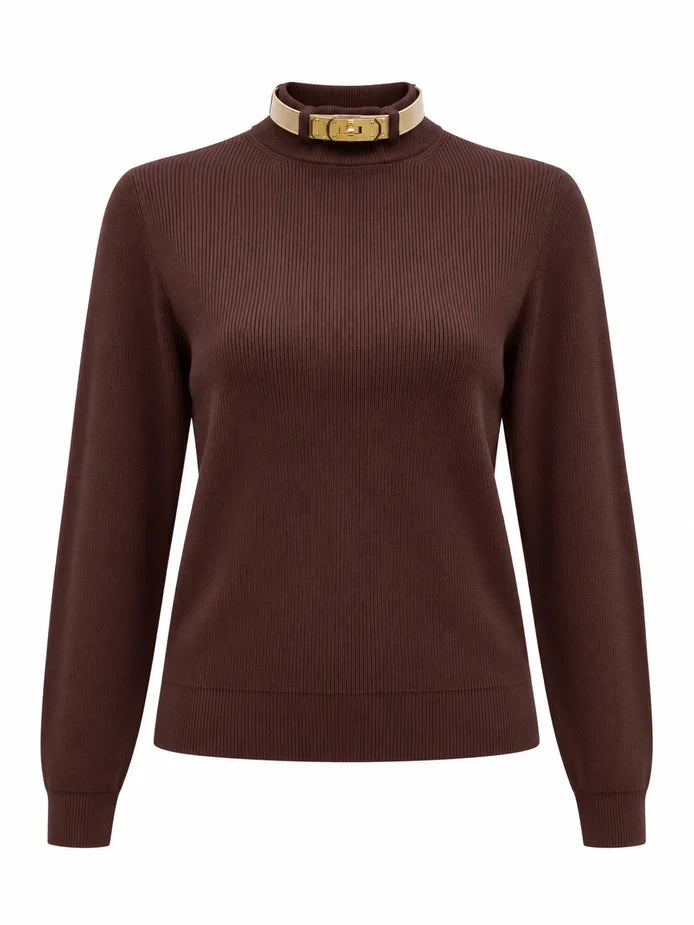 NOI-CH350 BLACK LEATHER NECK BELTED TOP