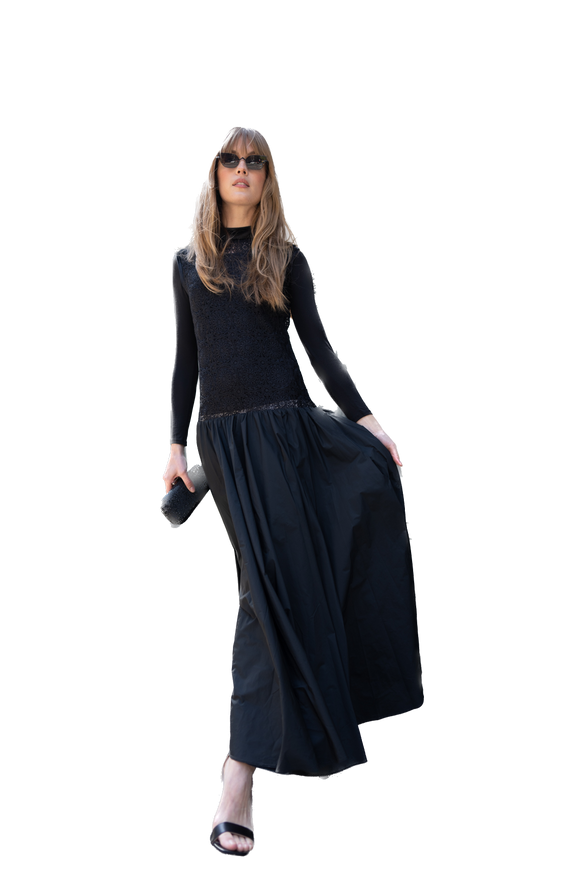 NOI-1172 BLACK DROPPED WAIST GOWN