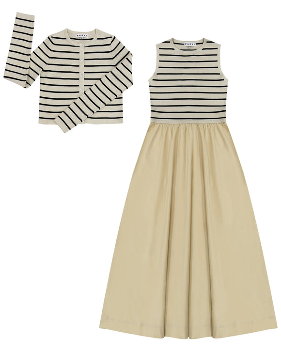 PAR-D444 IVORY STRIPE CARDI DRESS SET