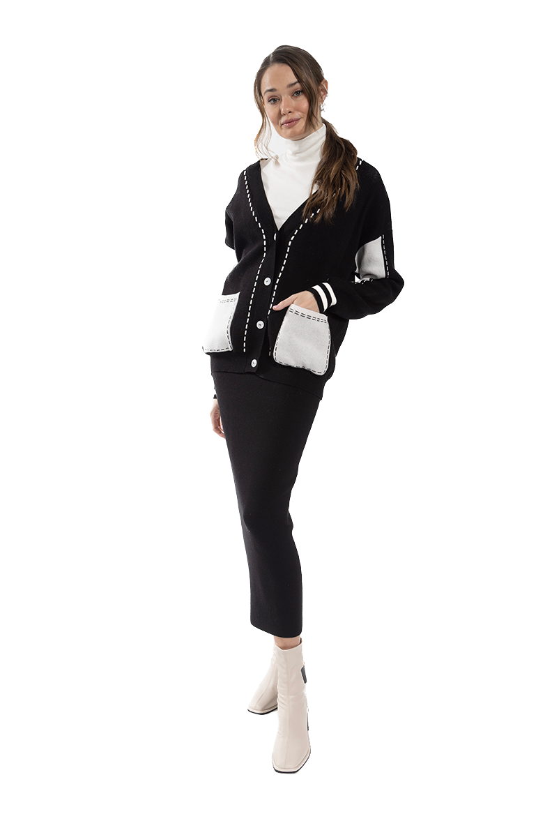 O&E-CO418 BLACK&WHITE CARDIGAN