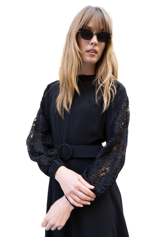 NOI-3331 BLACK MAXI LACE SLEEVE DRESS