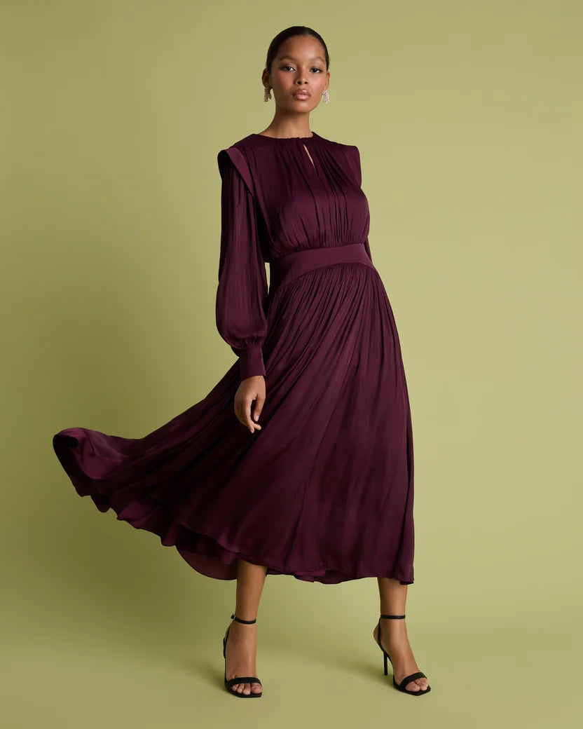 FLR-DR-205 BURGANDY WAISTED PLEATED DRESS