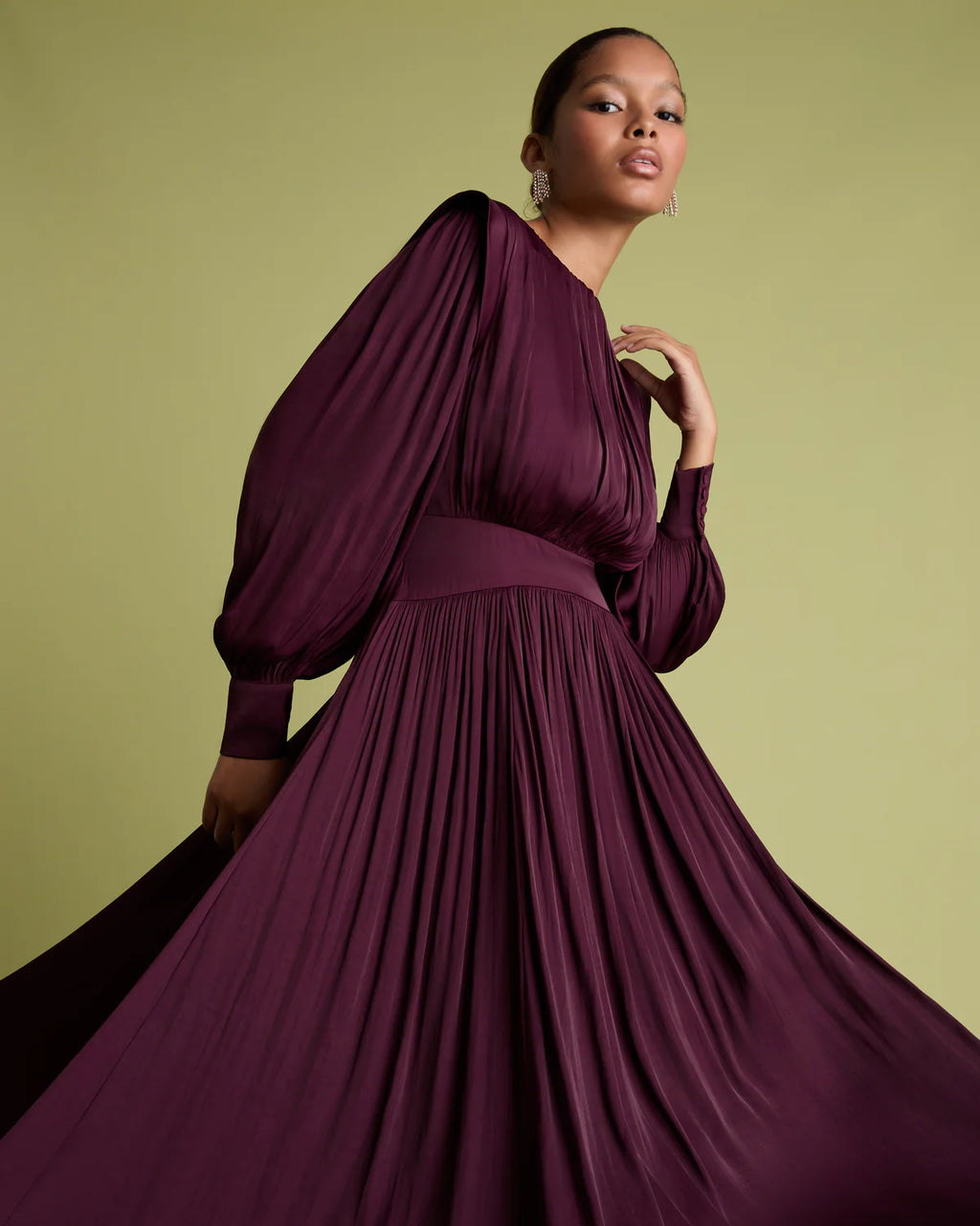 FLR-DR-205 BURGANDY WAISTED PLEATED DRESS