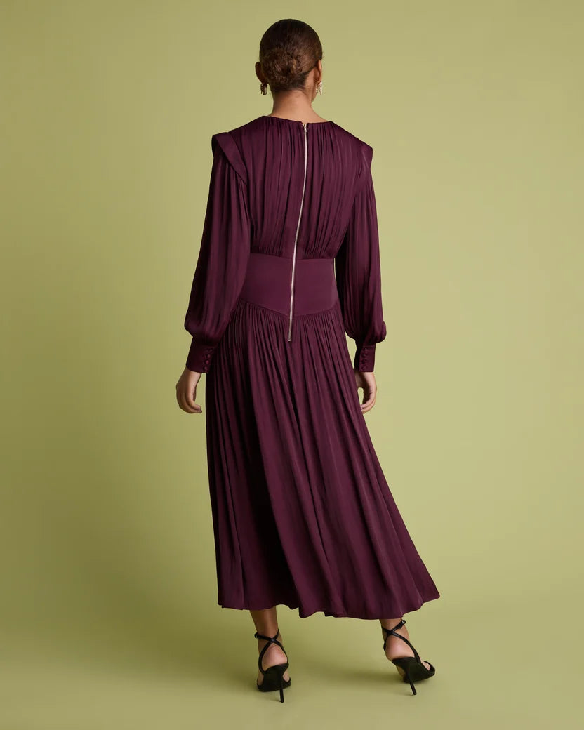 FLR-DR-205 BURGANDY WAISTED PLEATED DRESS