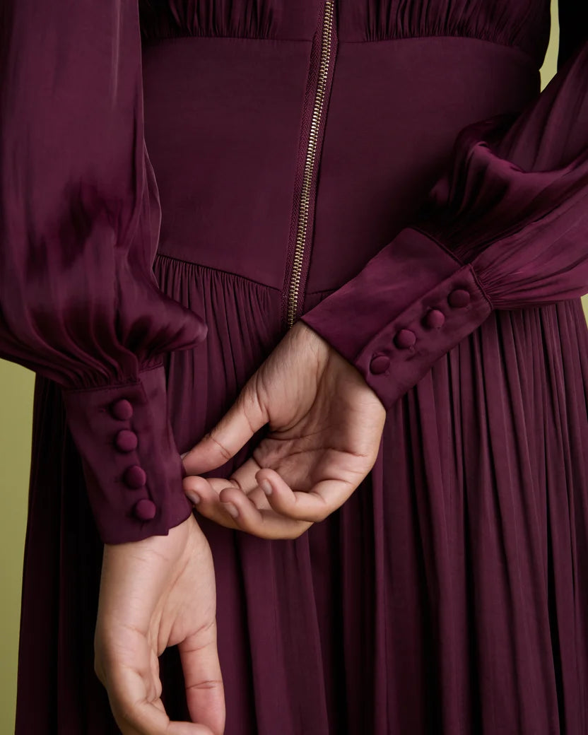 FLR-DR-205 BURGANDY WAISTED PLEATED DRESS