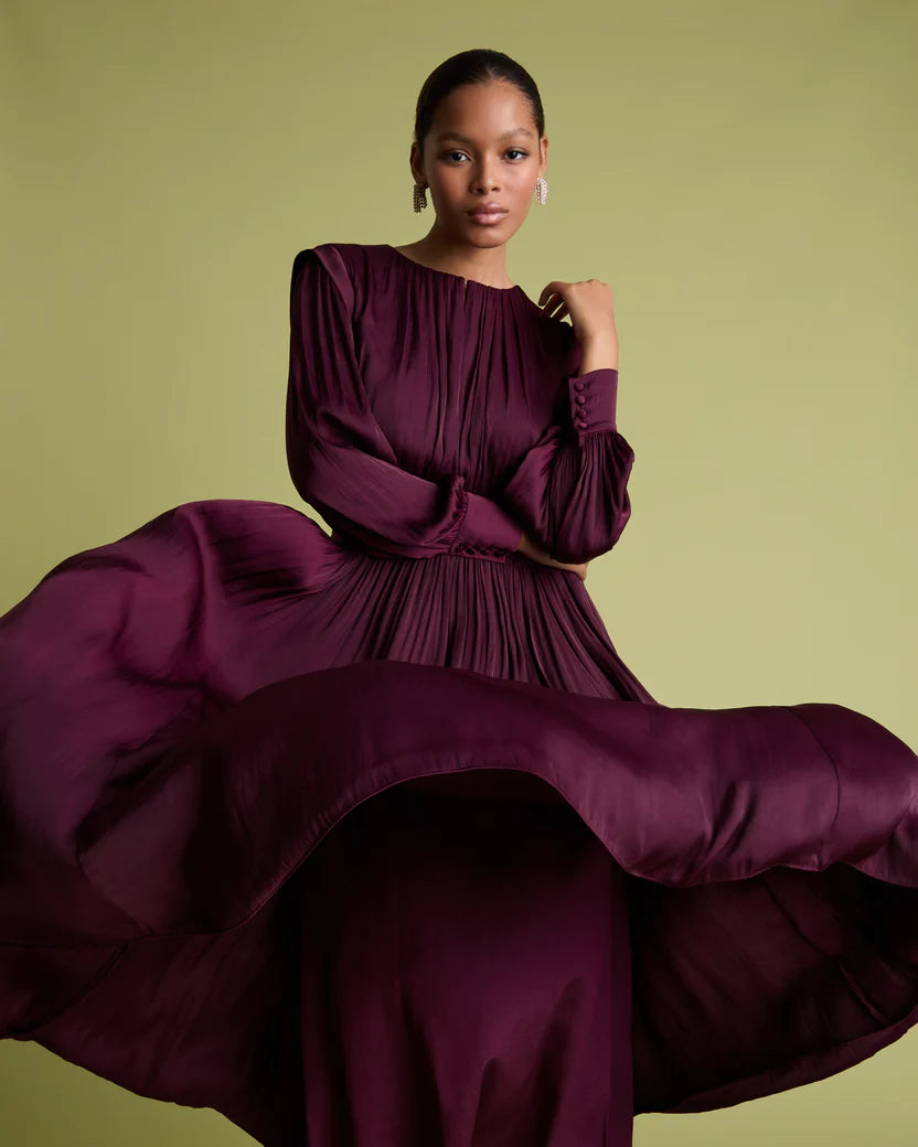 FLR-DR-205 BURGANDY WAISTED PLEATED DRESS