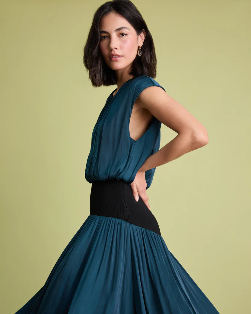 FLR-DR-206 BLUE SLEEVELESS COMBO DRESS
