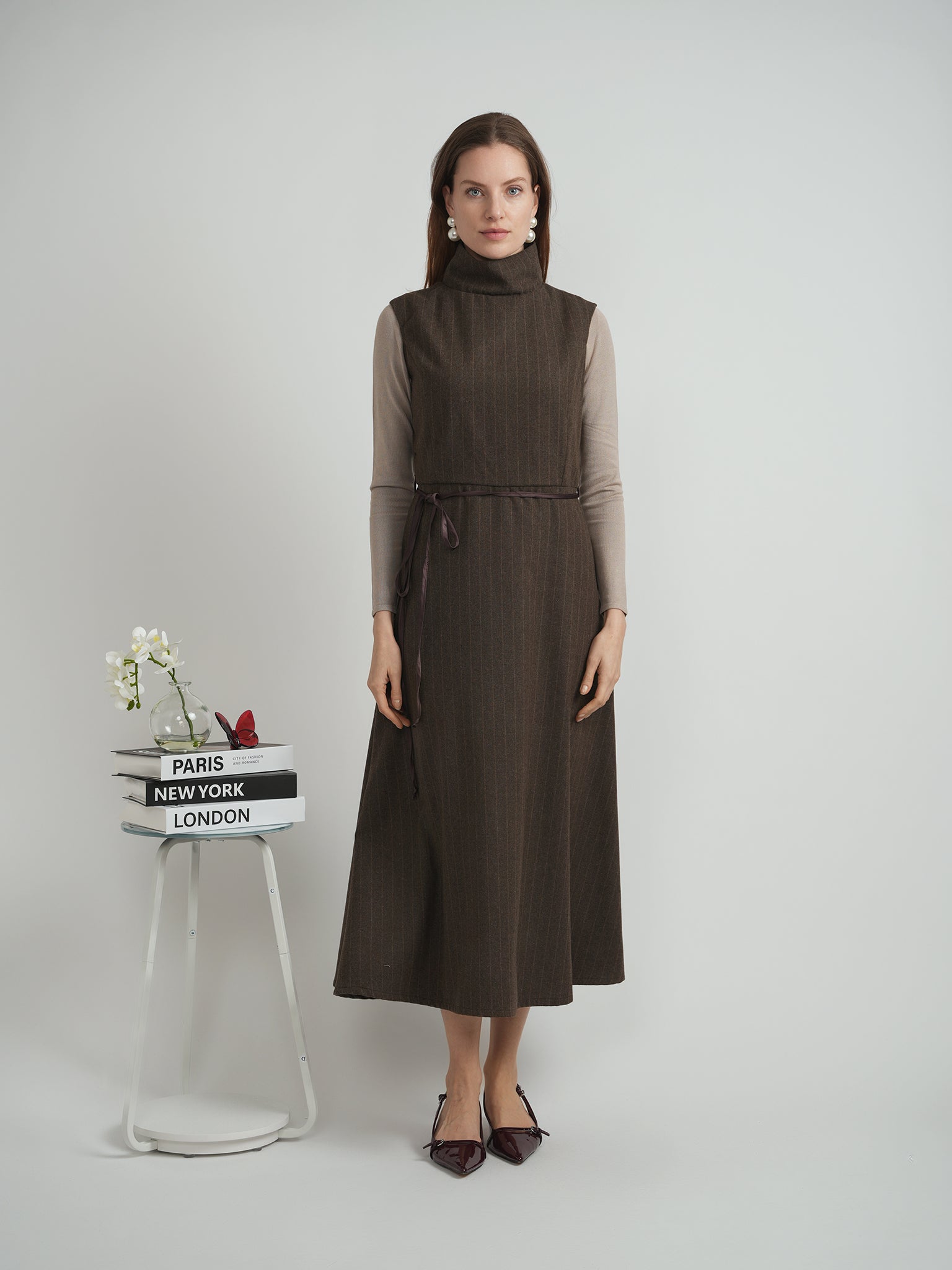 DEJ-DW5M9139 BROWN PINSTRIPE DRESS