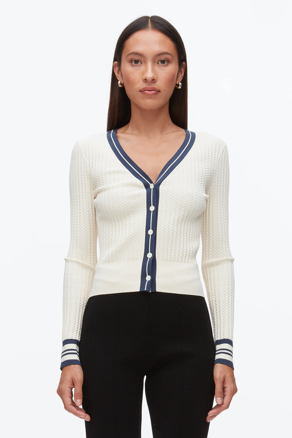 PLM-E262-70514 ECRU&NAVY CARDIGAN