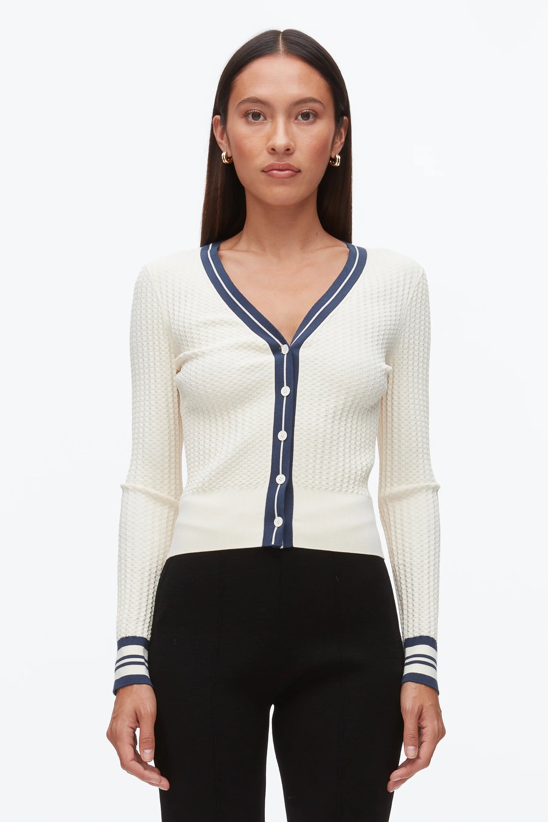 PLM-E262-70514 ECRU&NAVY CARDIGAN