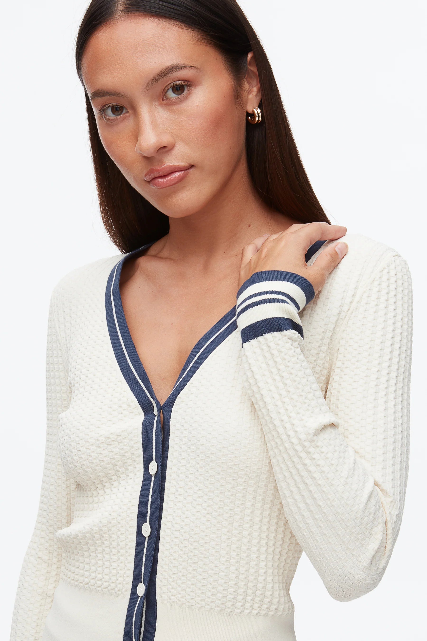 PLM-E262-70514 ECRU&NAVY CARDIGAN
