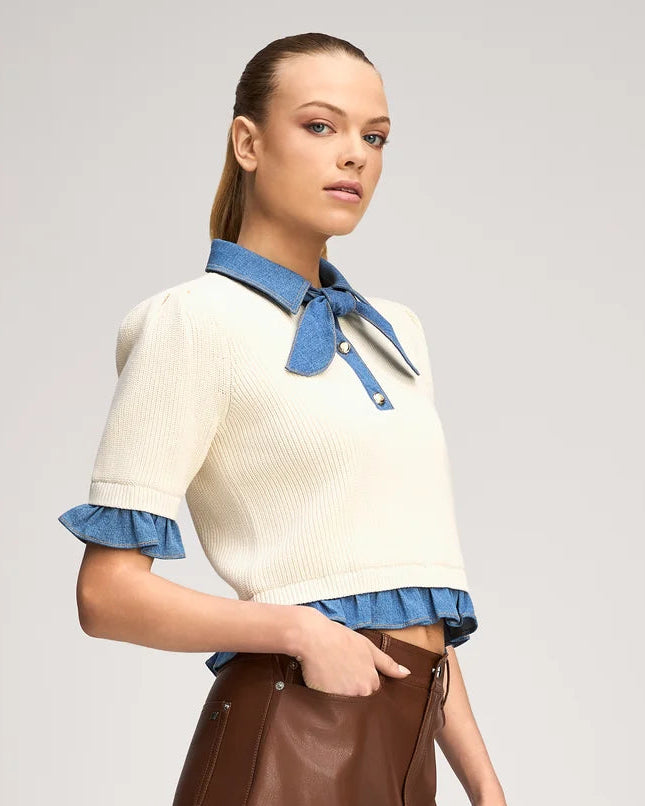 CQS-ZK12539152Z IVORY&DENIM KNIT TOP
