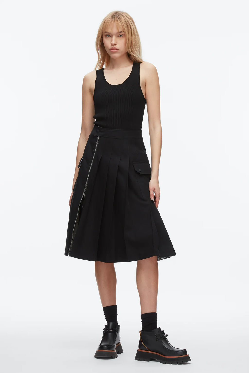 PLM-F51-36186CPD BLACK SIDE ZIP PLEATED SKIRT