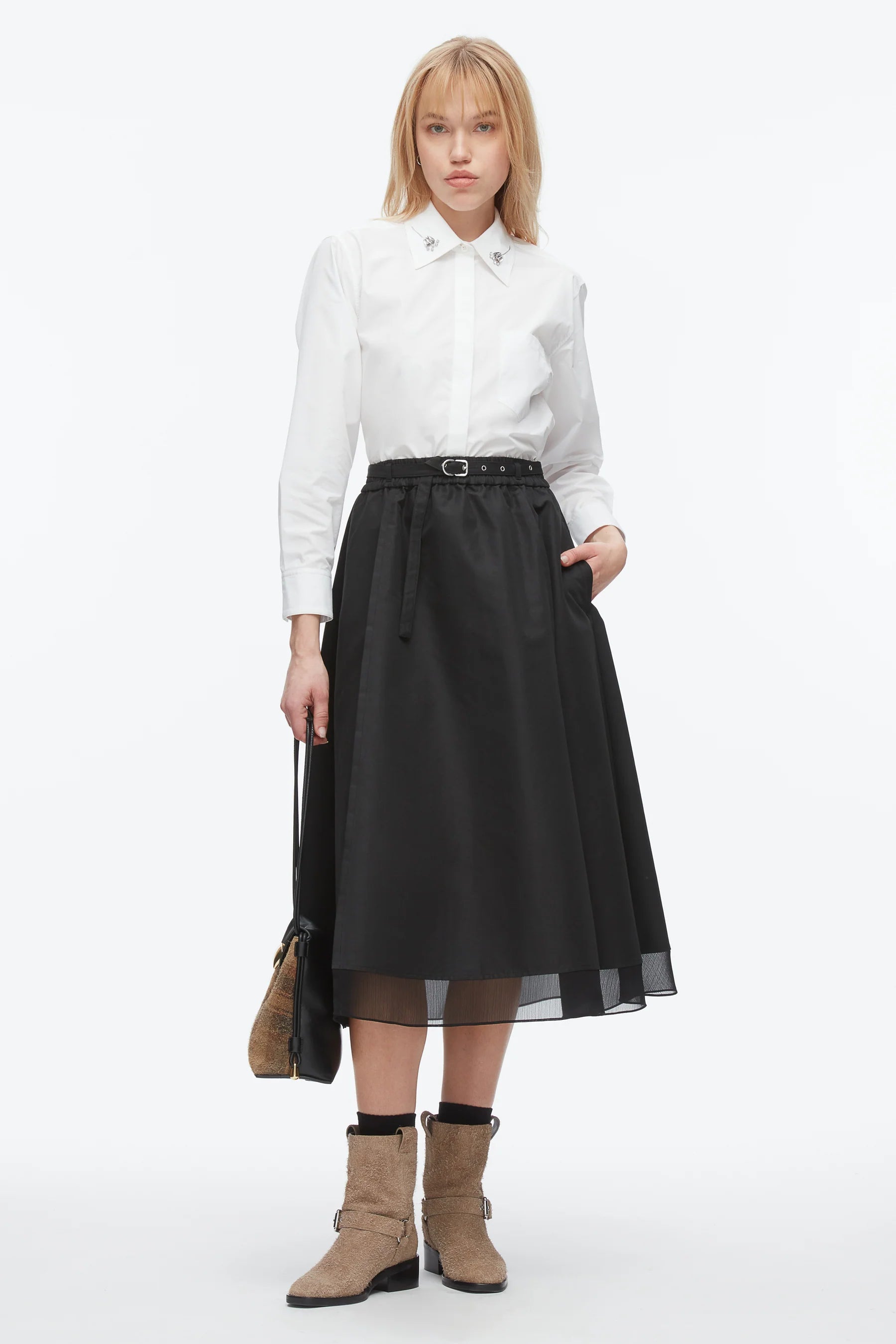 PLM-F251-36190LCO BLACK BELTED CHIFFON HEM SKIRT