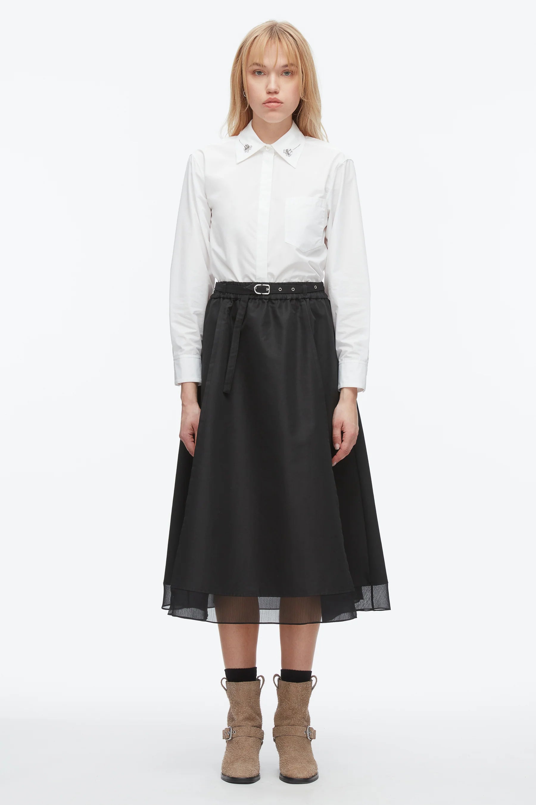 PLM-F251-36190LCO BLACK BELTED CHIFFON HEM SKIRT