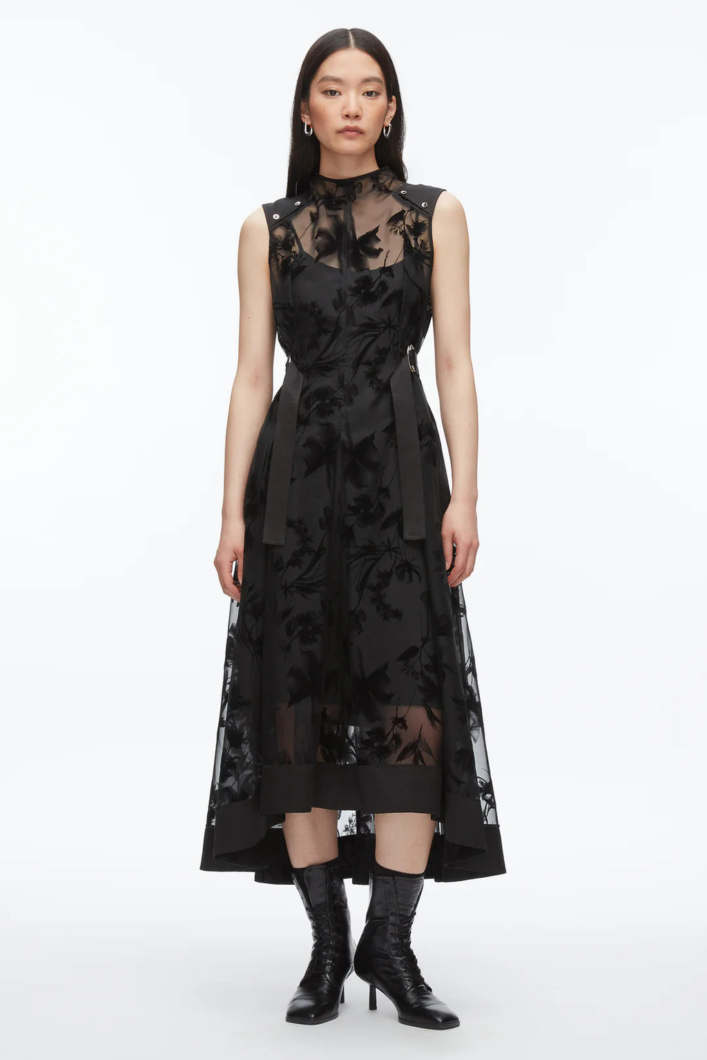 PLM-F251-90144FTF BLACK ORGANZA SLVLS MIDI DRESS