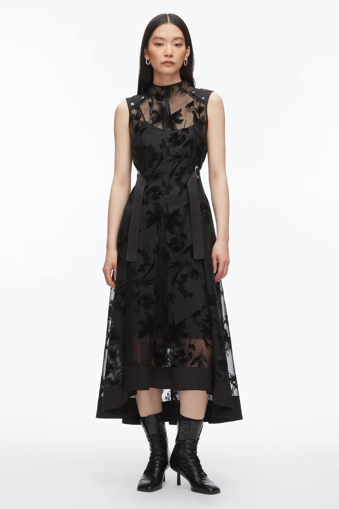 PLM-F251-90144FTF BLACK ORGANZA SLVLS MIDI DRESS