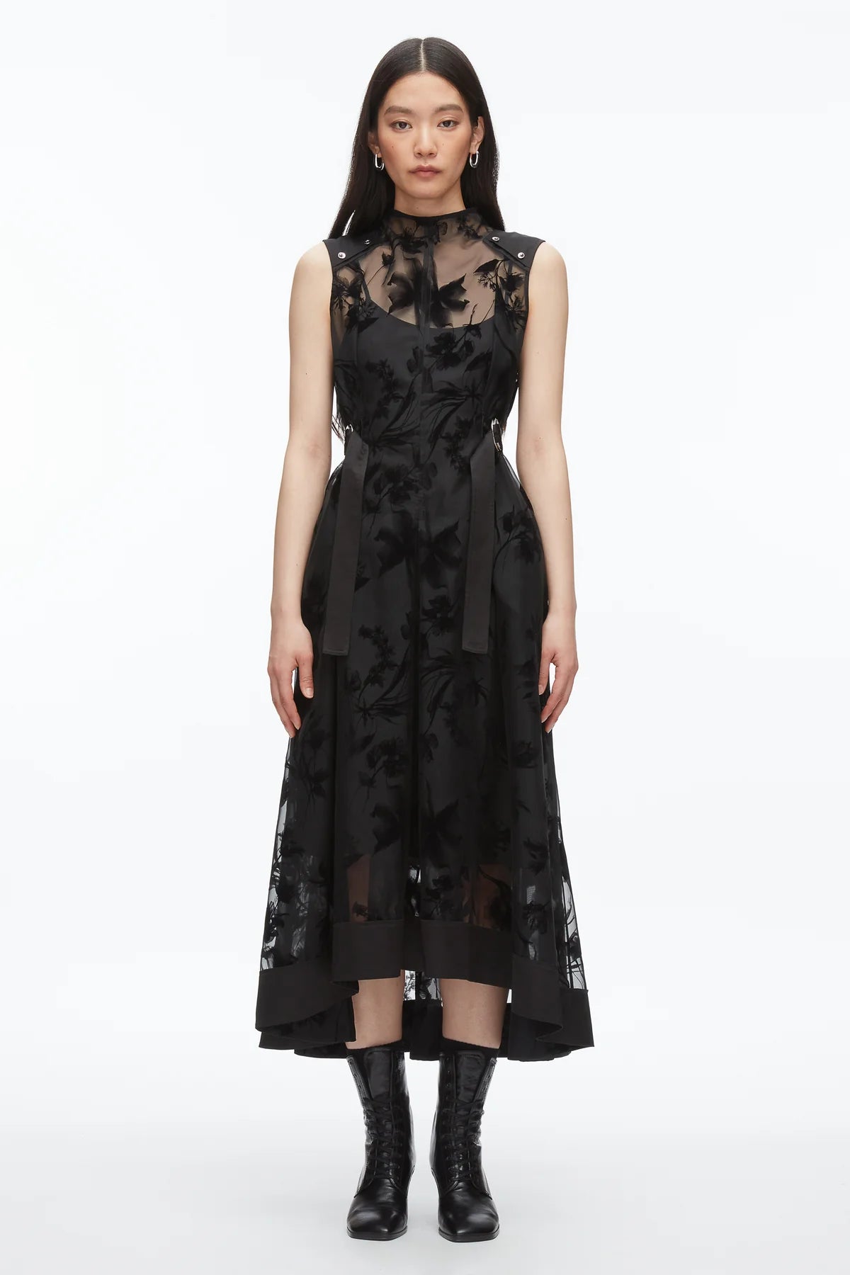 PLM-F251-90144FTF BLACK ORGANZA SLVLS MIDI DRESS