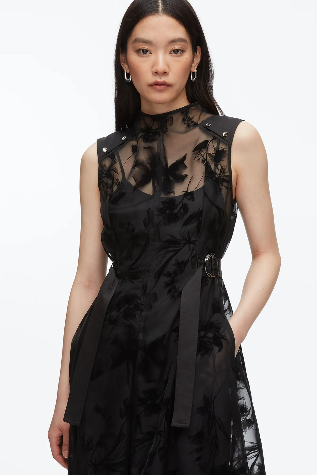 PLM-F251-90144FTF BLACK ORGANZA SLVLS MIDI DRESS