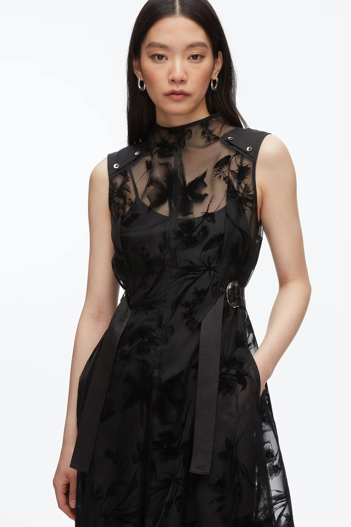 PLM-F251-90144FTF BLACK ORGANZA SLVLS MIDI DRESS
