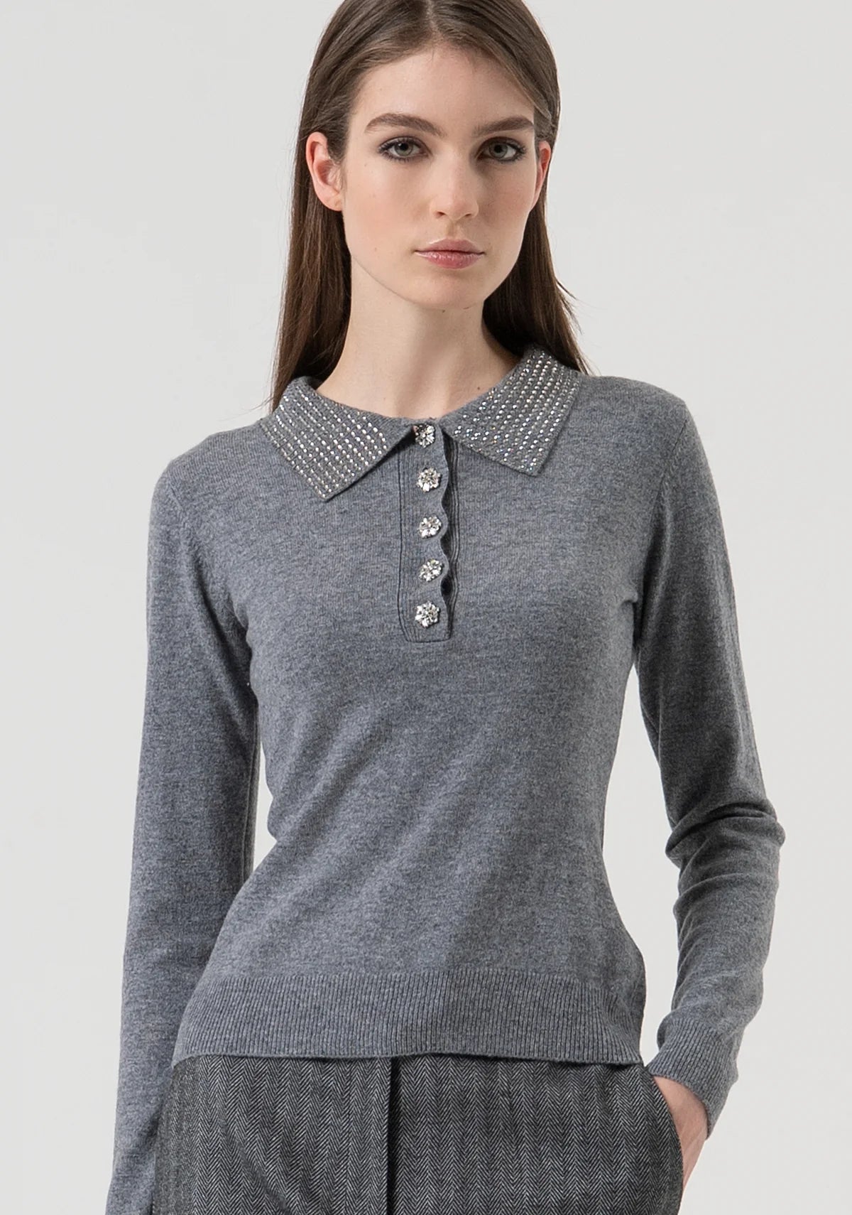 FCM-FR25WT7005K GREY DIAMOND KNIT TOP