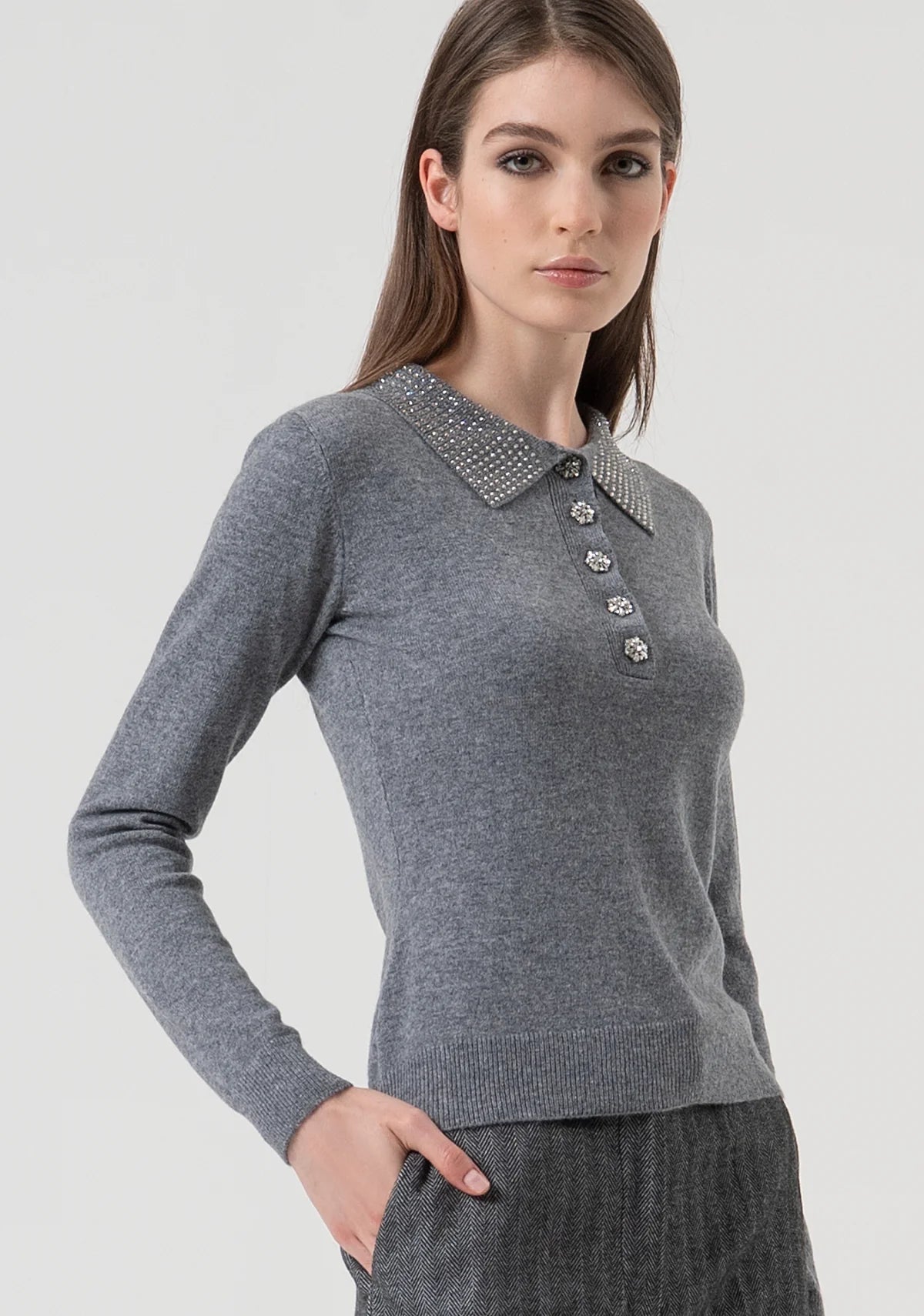 FCM-FR25WT7005K GREY DIAMOND KNIT TOP