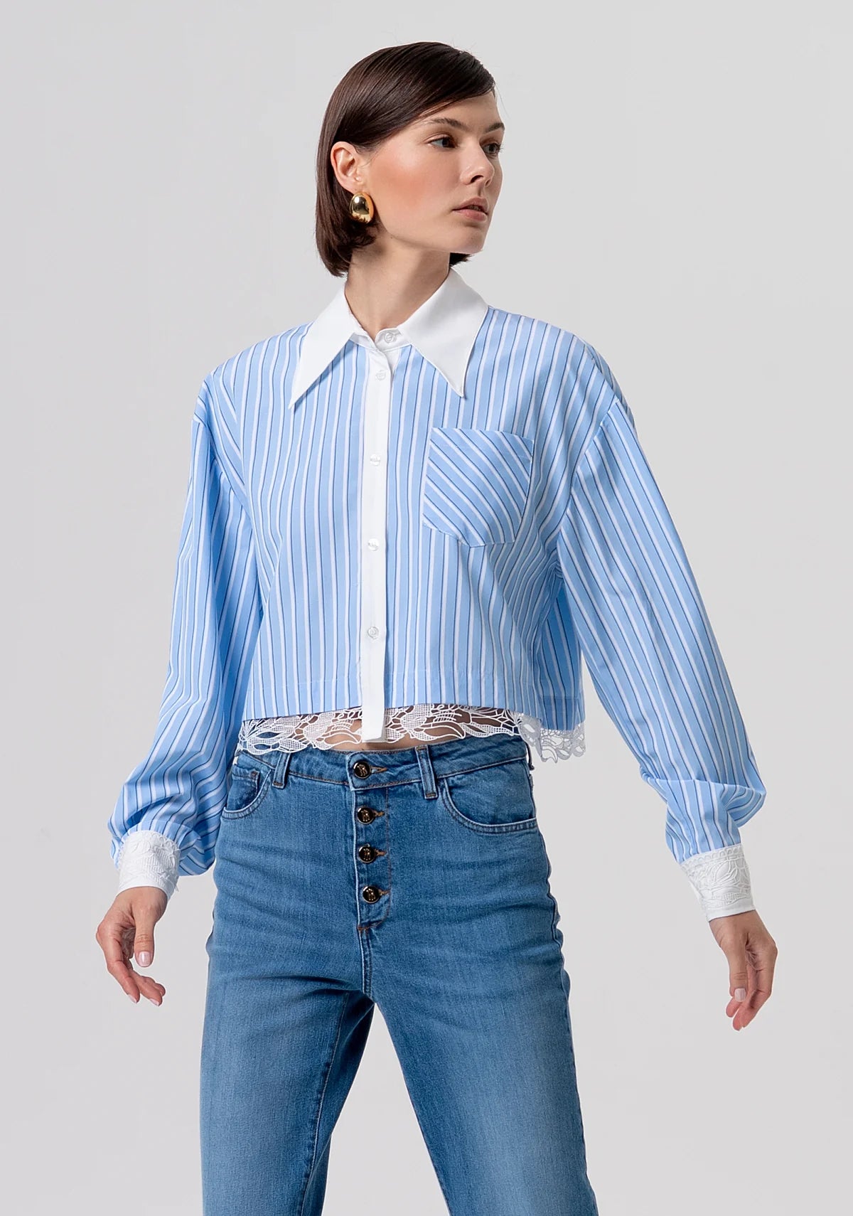 FCM-FR26ST6007W8 BLUE STRIPED LACE TRIM BLOUSE