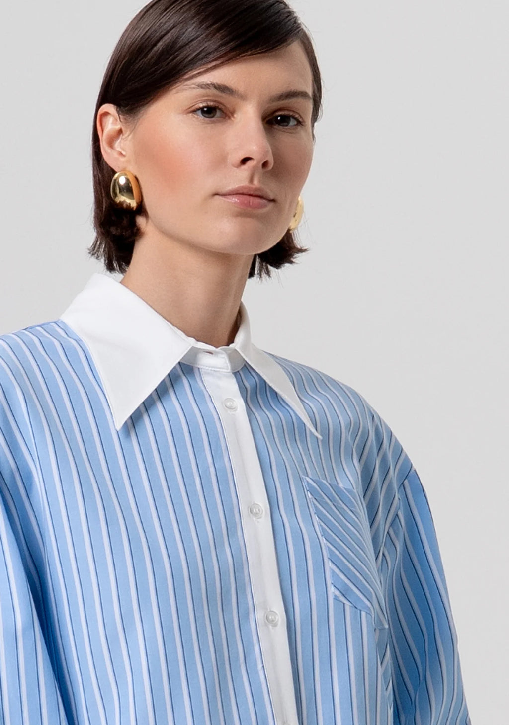 FCM-FR26ST6007W8 BLUE STRIPED LACE TRIM BLOUSE