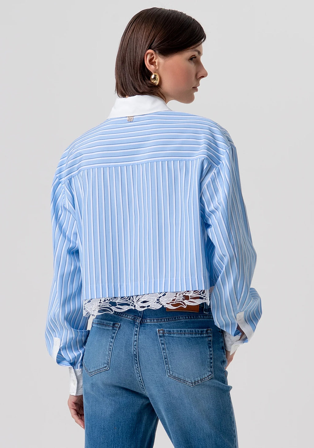 FCM-FR26ST6007W8 BLUE STRIPED LACE TRIM BLOUSE