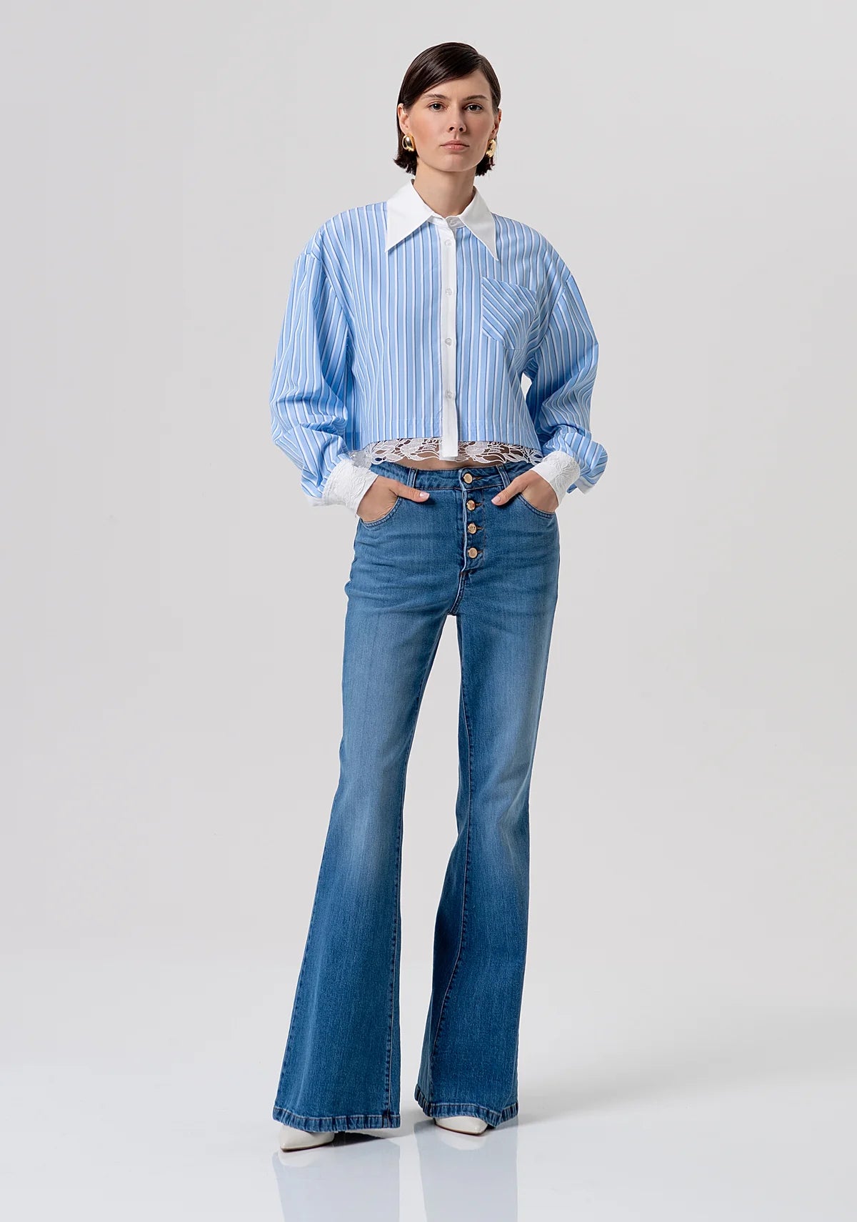 FCM-FR26ST6007W8 BLUE STRIPED LACE TRIM BLOUSE